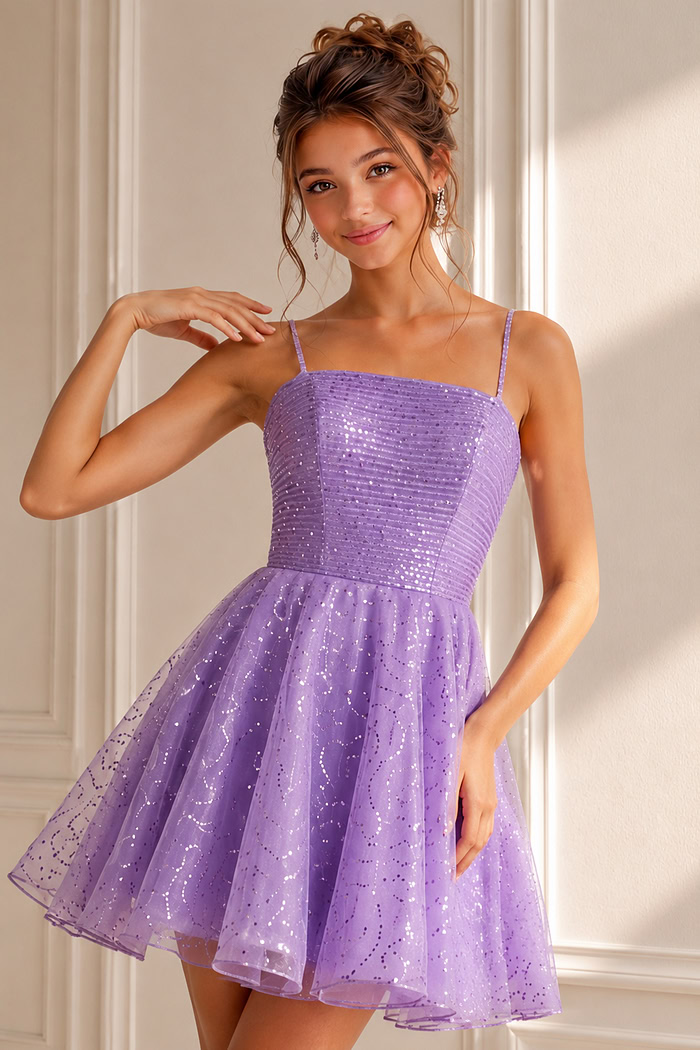 lavender sequin dress with square neckline and sparkle tulle skirt