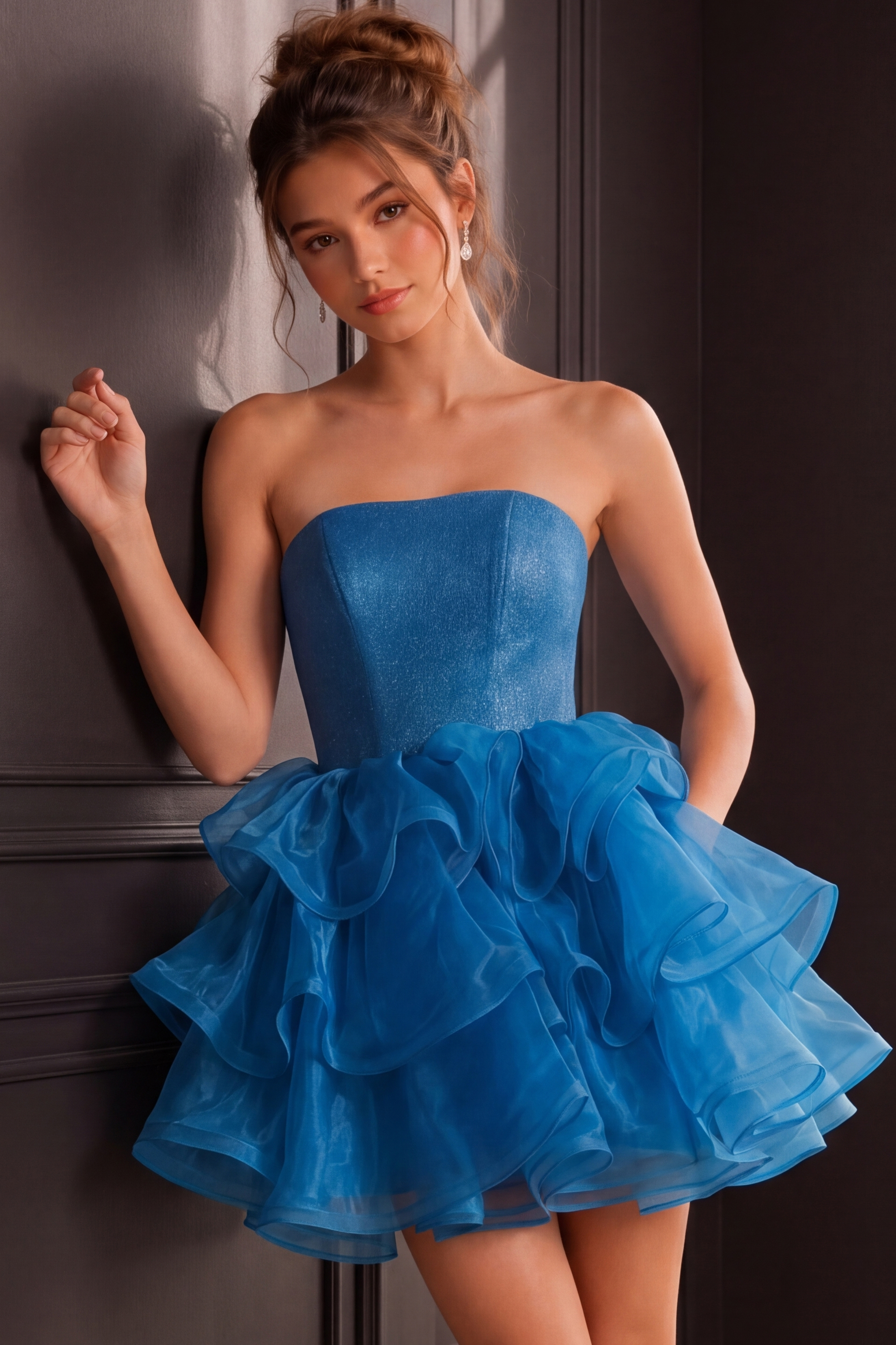 blue strapless ruffled skirt mini dress K39312