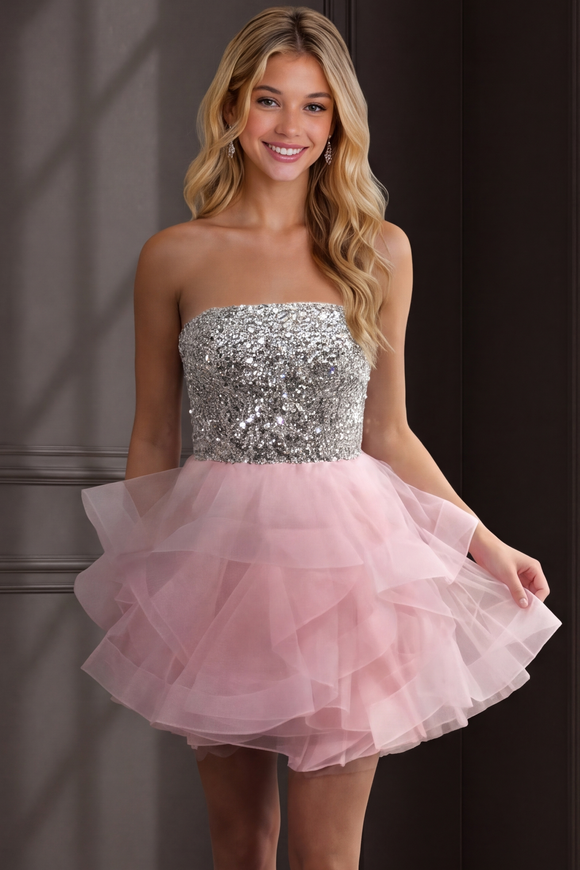 pink fit and flare dress with sequin bodice and tiered organza ruffle skirt