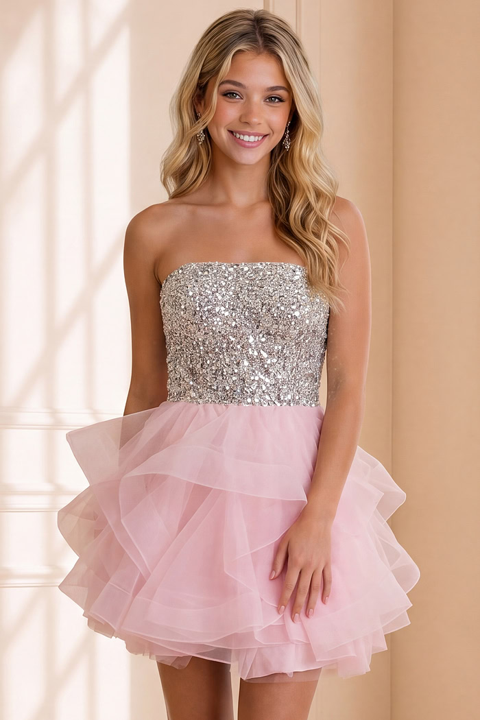 pink mini dress with silver sequin bodice and ruffled organza skirt