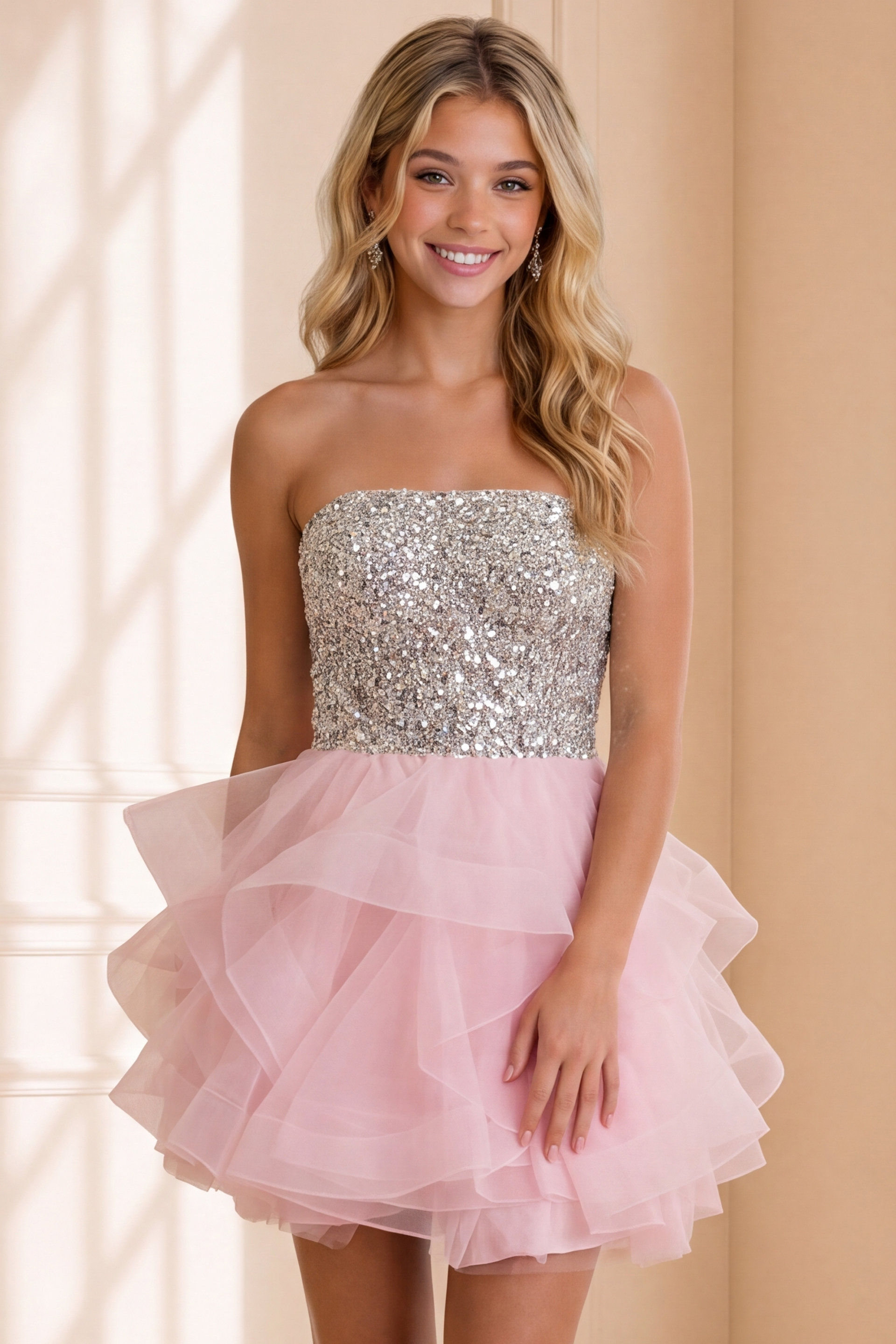 pink mini dress with silver sequin bodice and ruffled organza skirt