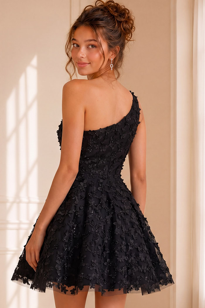 one shoulder black fit and flare dress with floral applique K40894