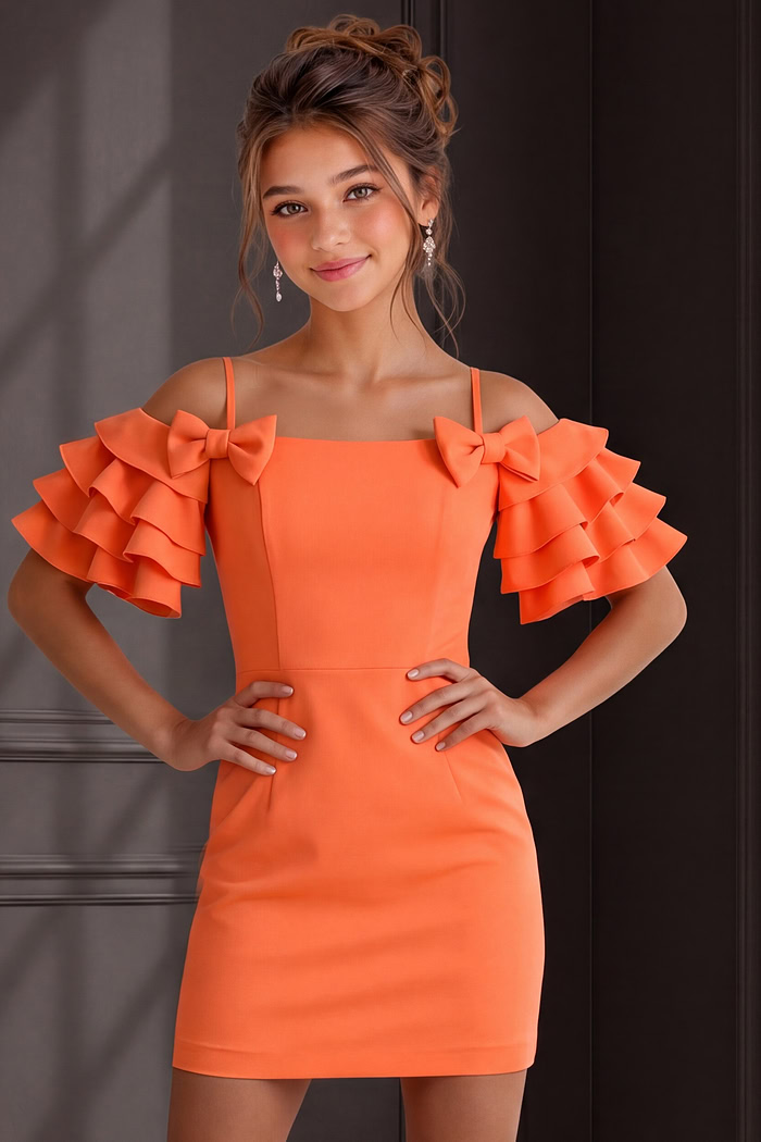 orange off the shoulder mini dress with tiered ruffle sleeves and bow detail