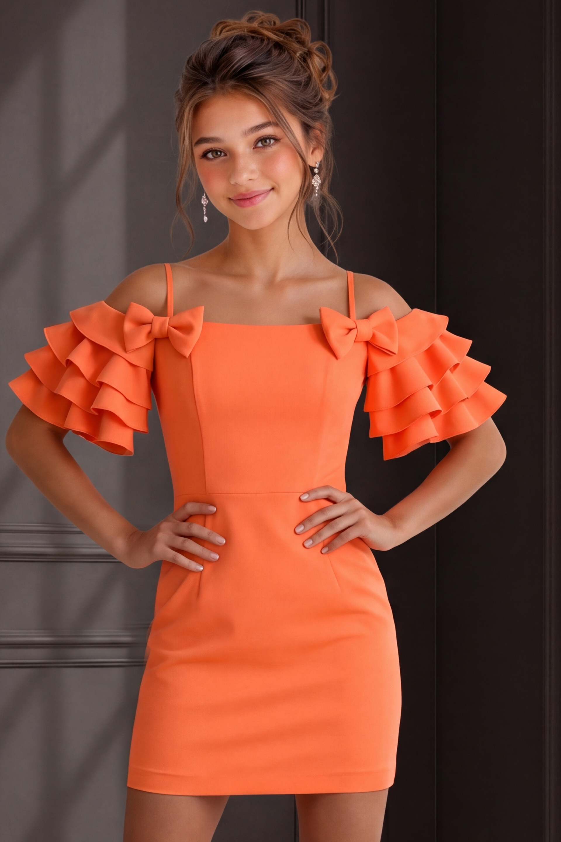 orange off the shoulder mini dress with tiered ruffle sleeves and bow detail