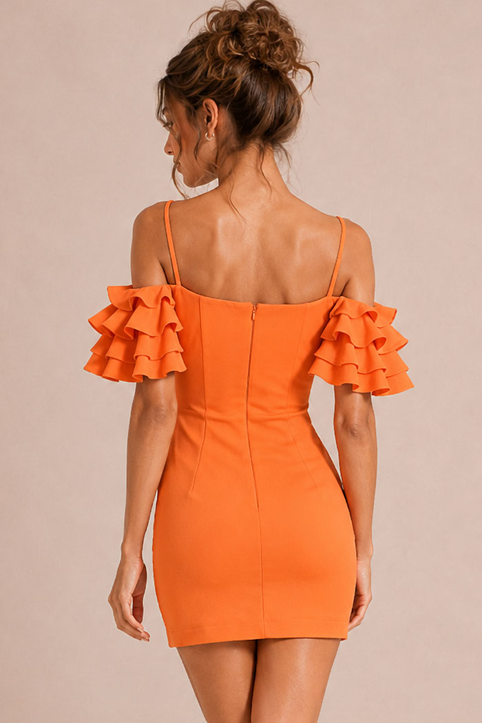 back view of orange fitted mini dress with tiered ruffle sleeve detail