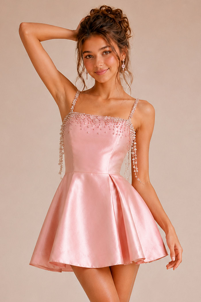 pink satin fit and flare dress with beaded square neck bodice and crystal drape straps