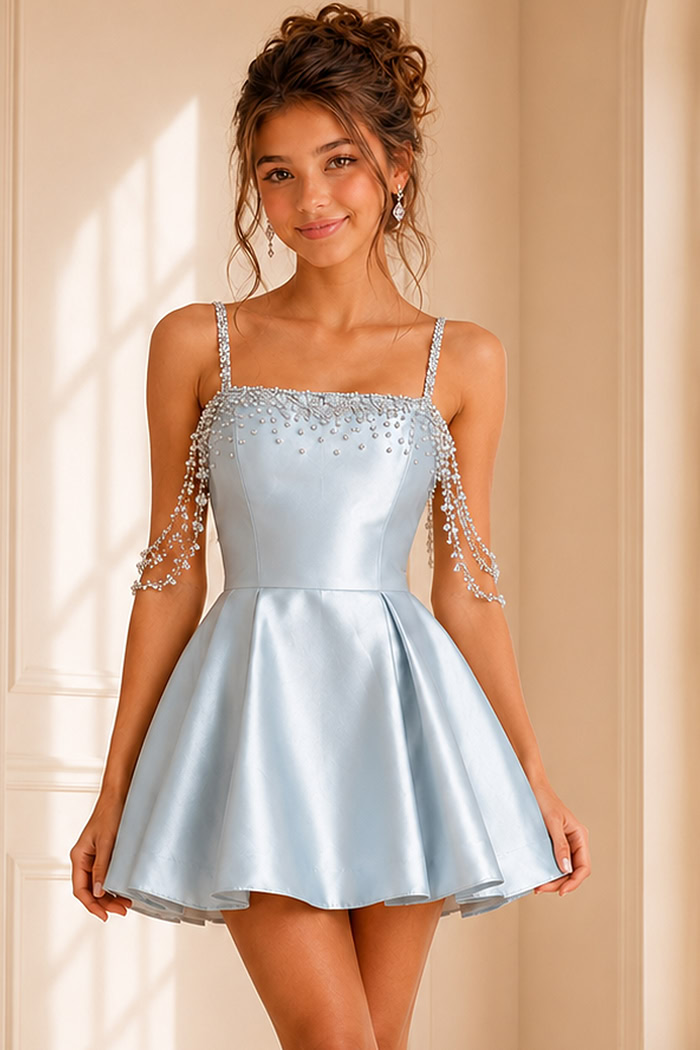 light blue satin dress with beaded square neckline and crystal cascade straps