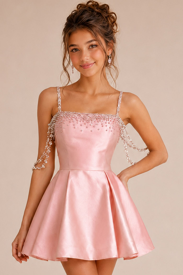 pink satin square neck dress with crystal drape straps and full skirt