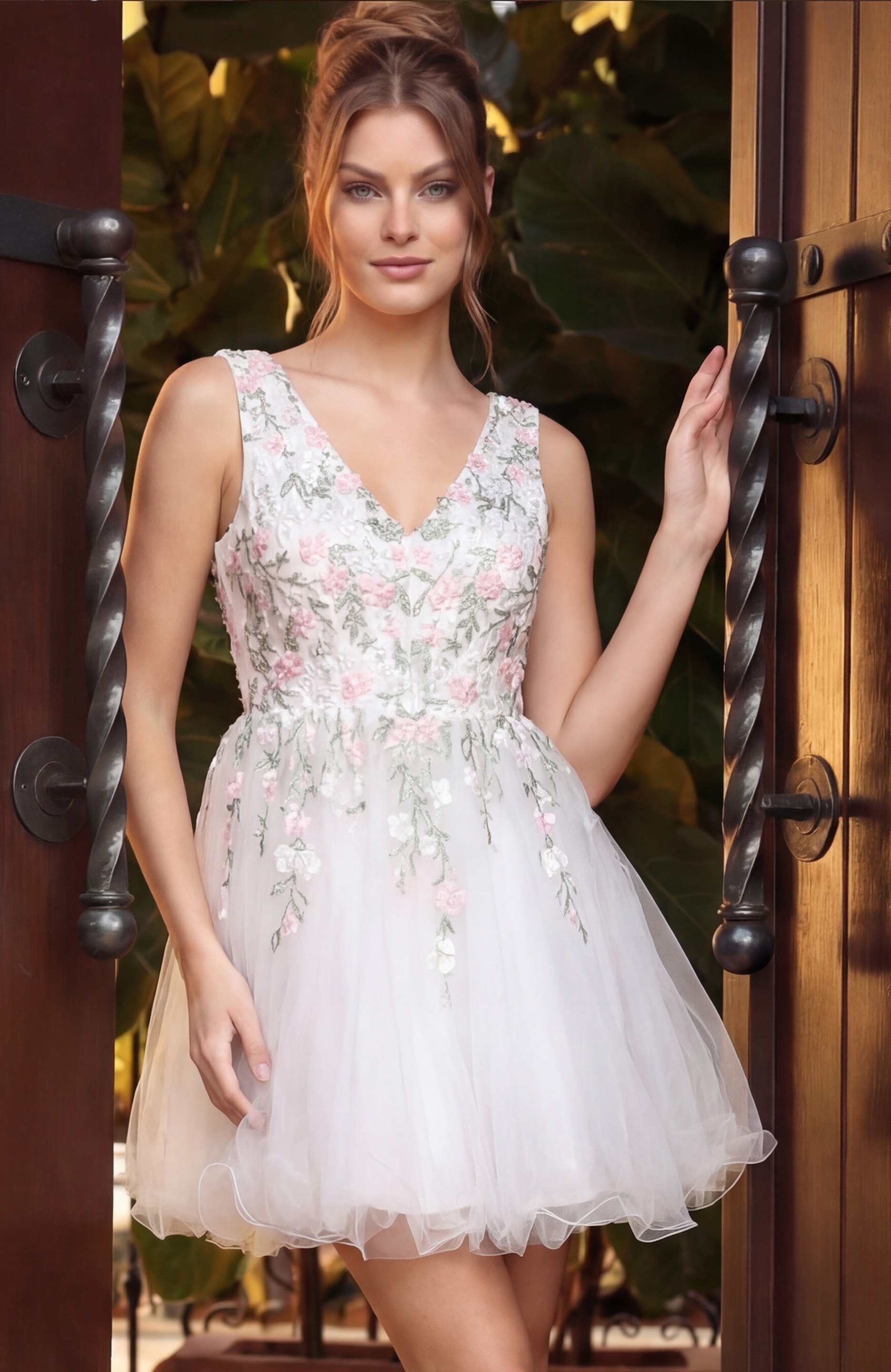 Tulle Mini Dress with Pink 3D Floral Embroidery K52183 - Image 5