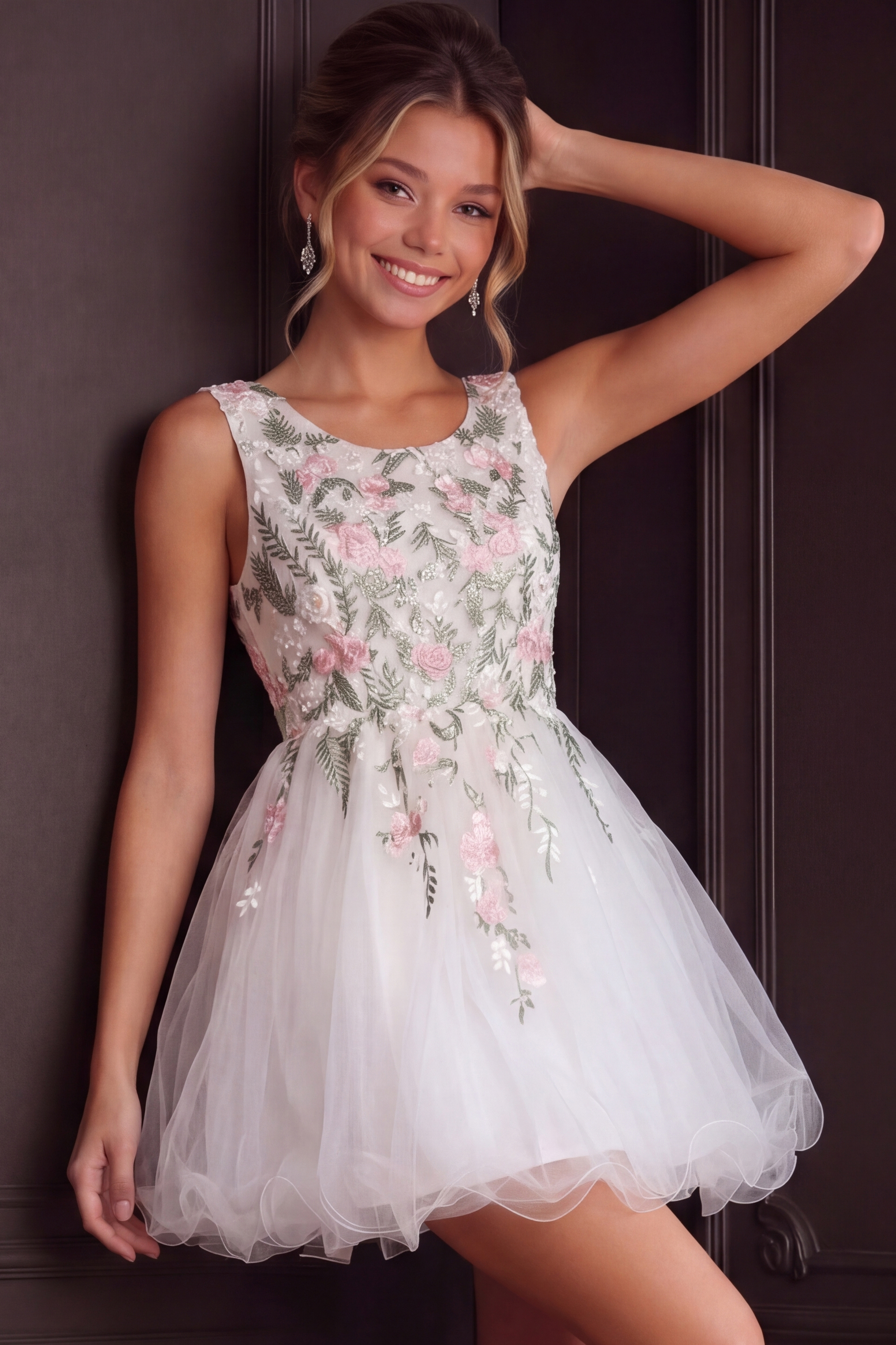 tulle fit and flare white dress with embroidery flowers K52183