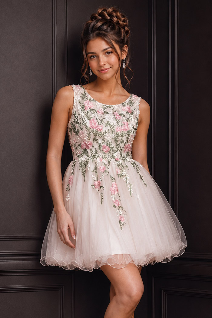 white fit and flare tulle floral dress K52183