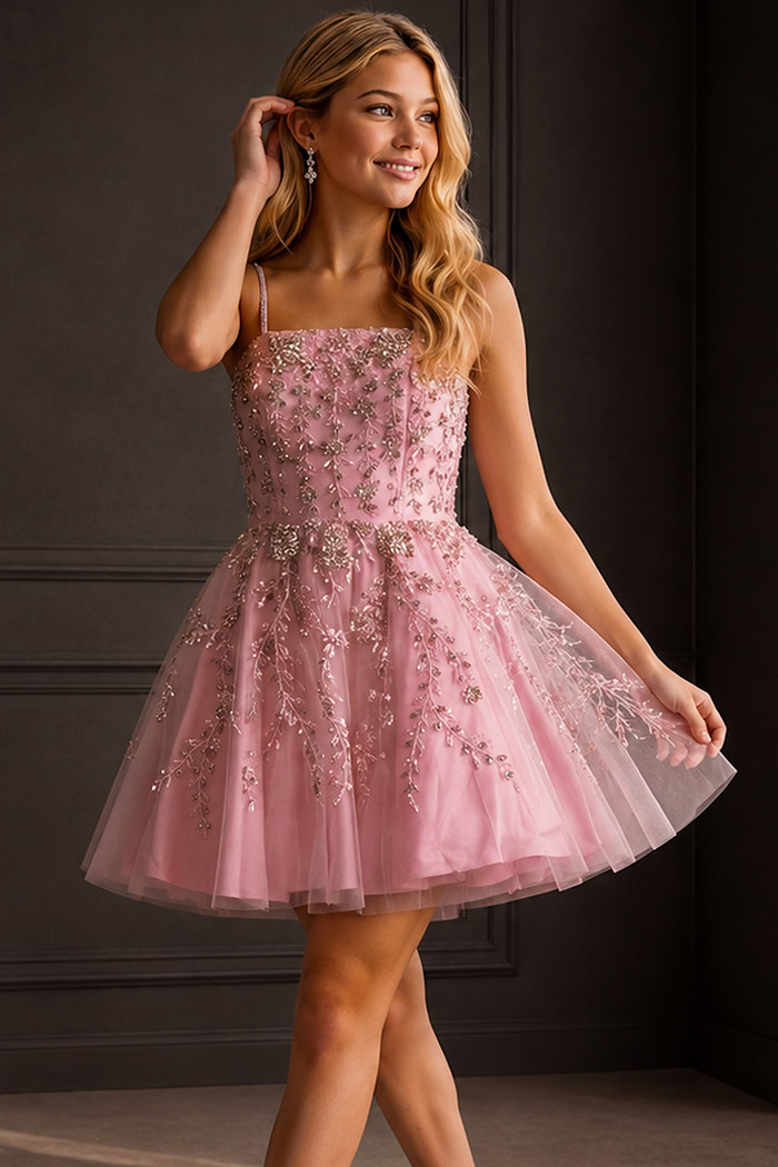 mauve pink beaded applique dress with spaghetti straps and tulle skirt