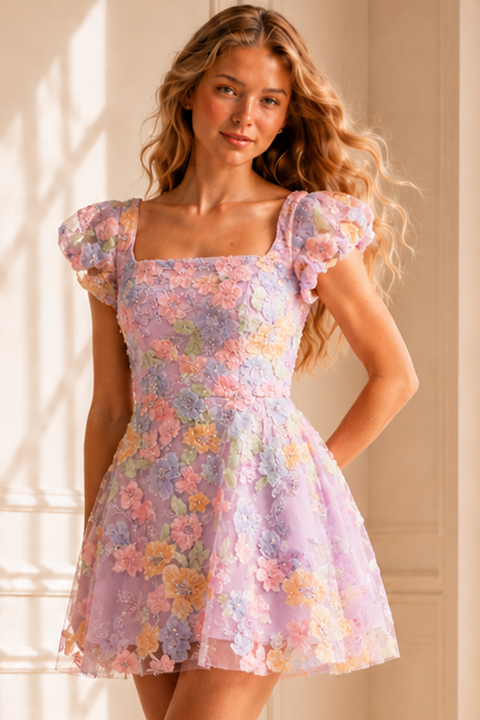 lilac 3D floral applique dress with puff sleeves and square neckline