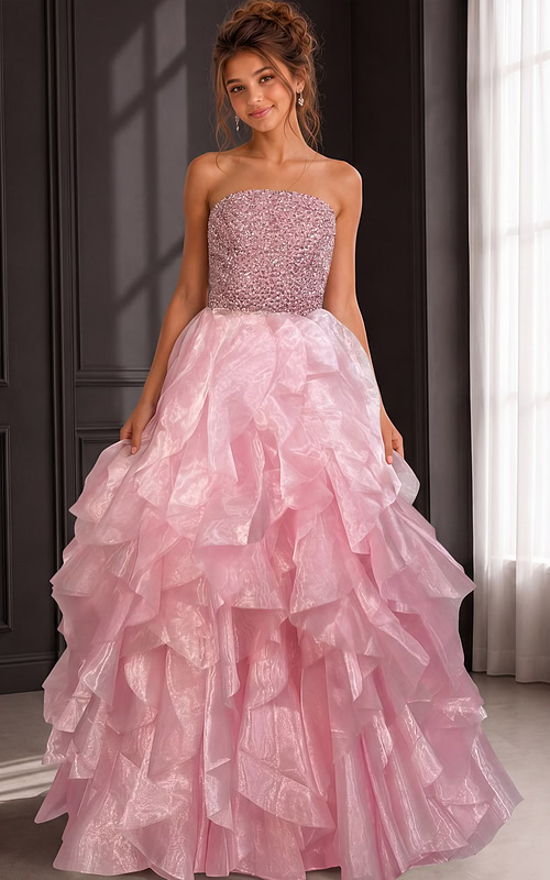 ruffled skirt strpless beaded dress K53334