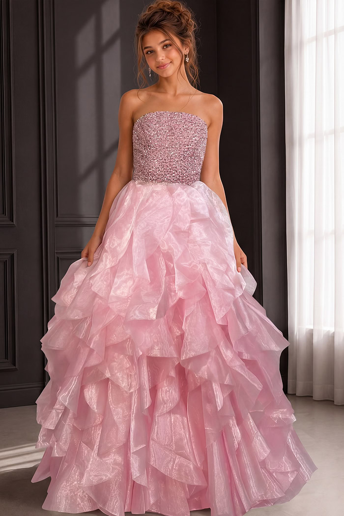 ruffled skirt strpless beaded dress K53334