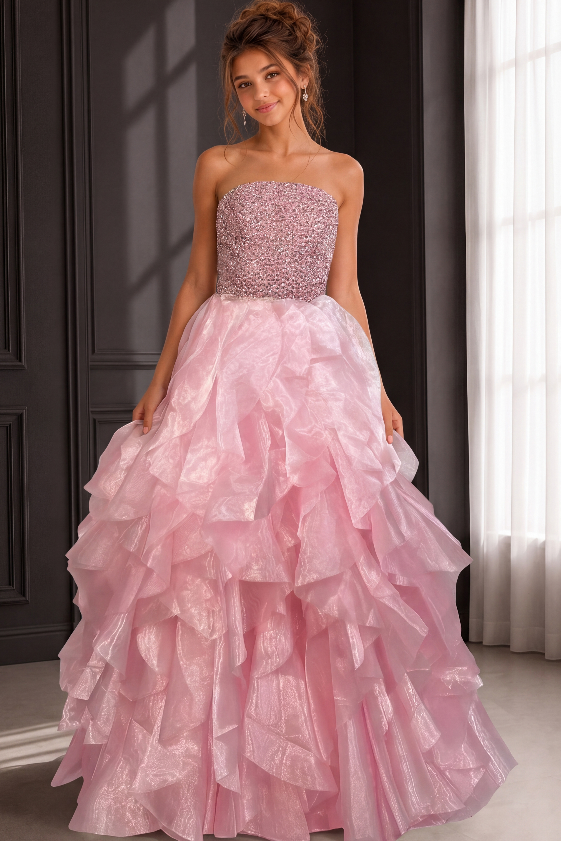 ruffled skirt strpless beaded dress K53334