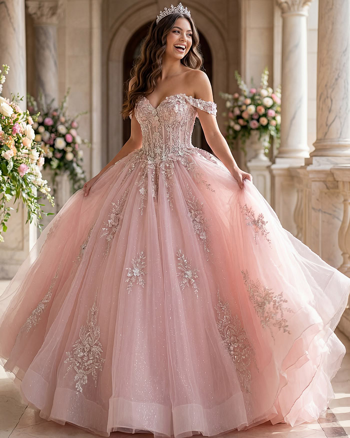 pink corset bodice ball gown decorated with floral applique Q43434