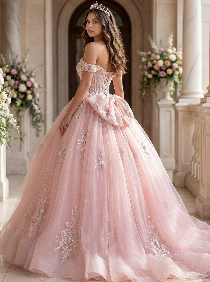 off the shoulder corset bodice pink ball gown Q43434