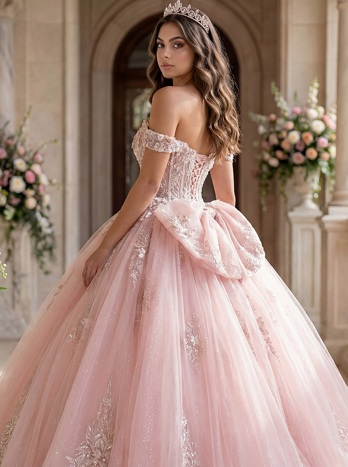 side of corset bodice ball gown with big bow in the back Q43434
