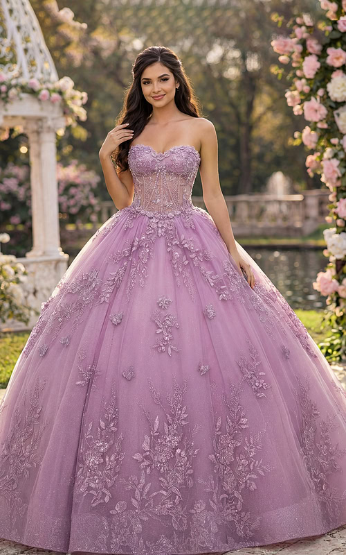 Strapless sweetheart pink ball gown with embellished bodice and tulle overlay