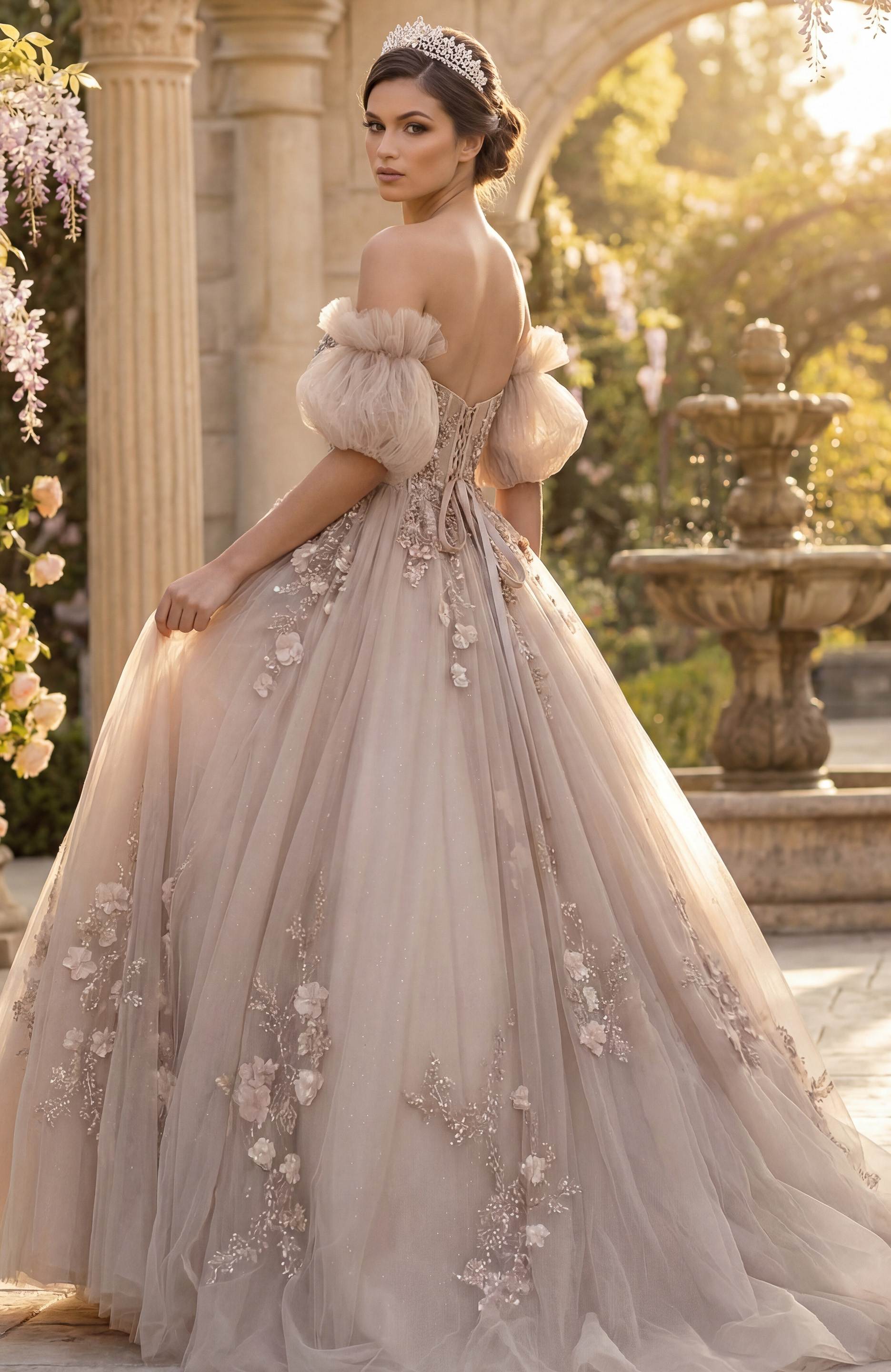 Lace-up back tulle ball gown