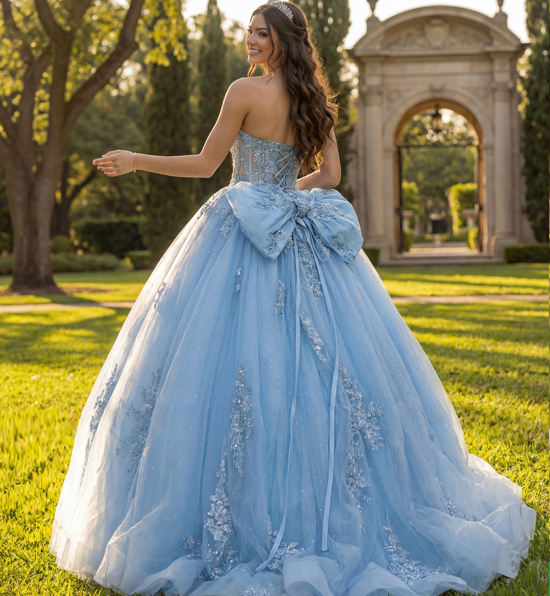 Light blue embroidered ball gown with boned corset bodice and glitter tulle layers