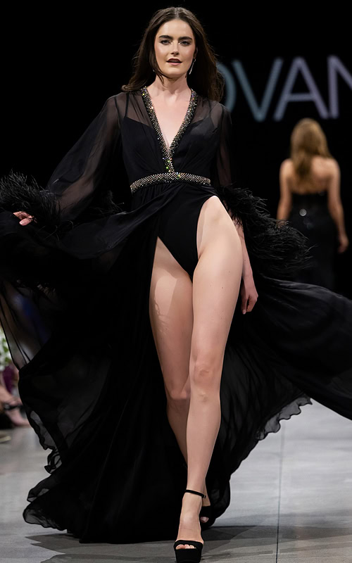 Model wearing S39276 black gown with plunging V-neckline and high slit.