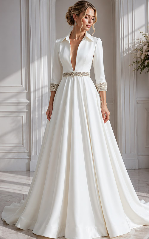 contemporary bridal gown showcases a plunging neckline framed by a crisp collar, sparkling hand-beaded accents
