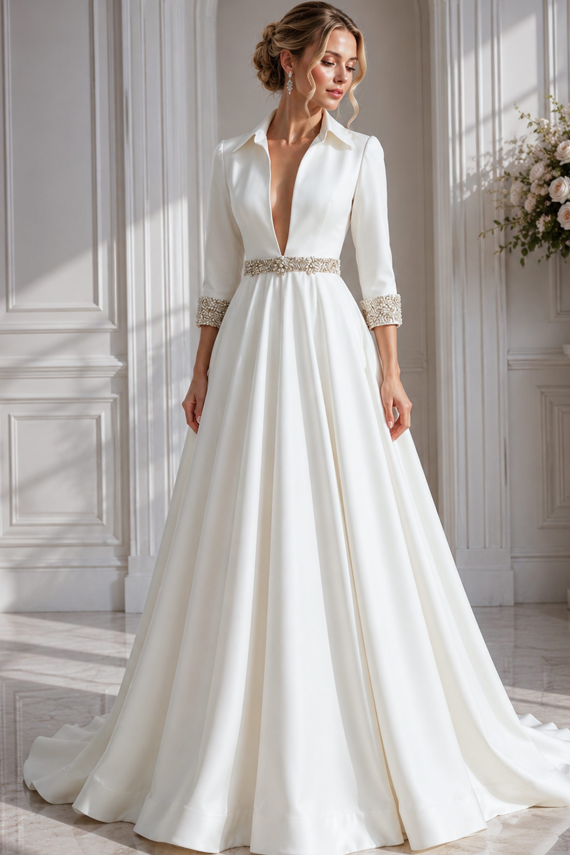 contemporary bridal gown showcases a plunging neckline framed by a crisp collar, sparkling hand-beaded accents