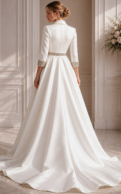 satin ball gown featuring a sophisticated collared plunge neckline, three-quarter sleeves