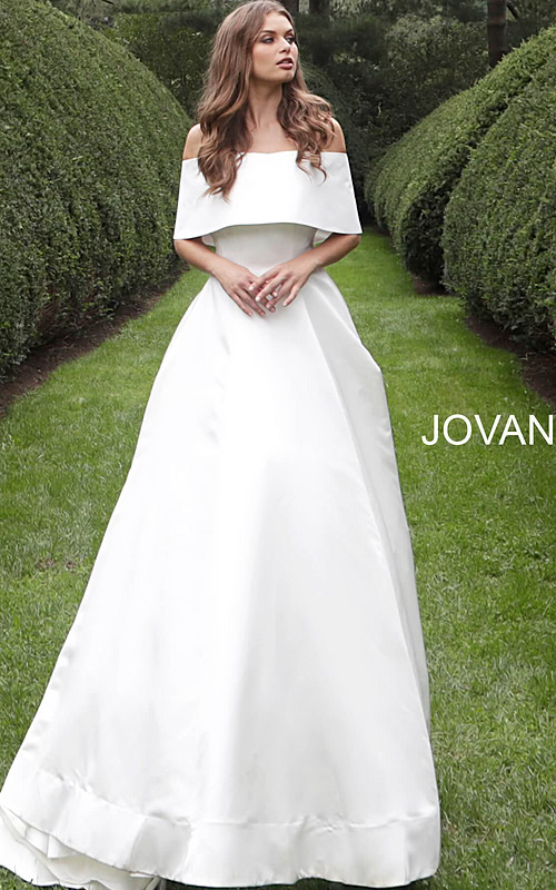 Model wearing Jovani S68287 white off-the-shoulder bridal gown front view.