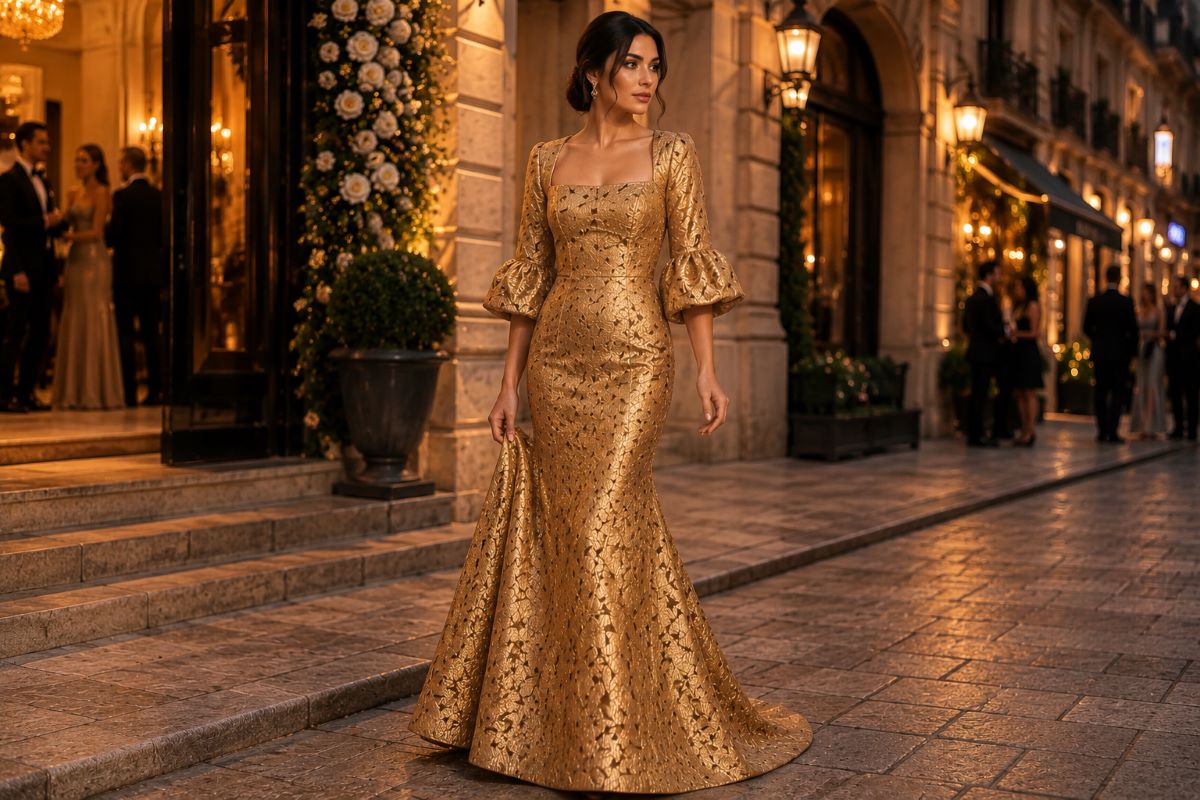 Antique gold metallic wedding guest gown in luxury city setting