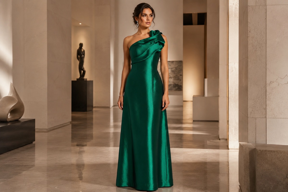 Architectural one shoulder satin evening gown