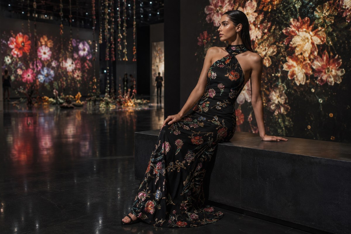 Floral embellished gown at contemporary art gallery