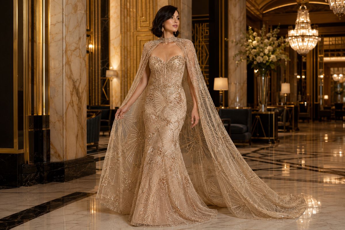 Beaded cape mother of bride gown