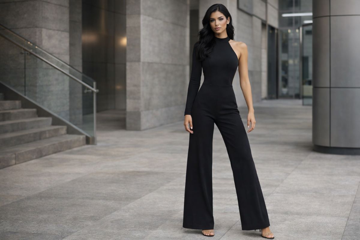 black asymmetrical jumpsuit wide leg modern