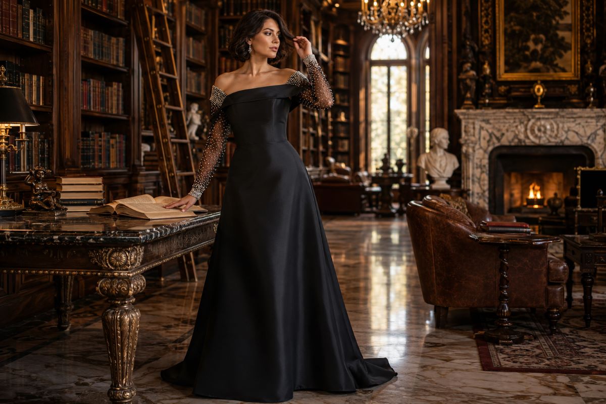 Black beaded sleeve mother gown