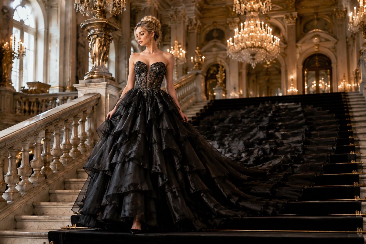Black ball gown with dramatic cathedral train