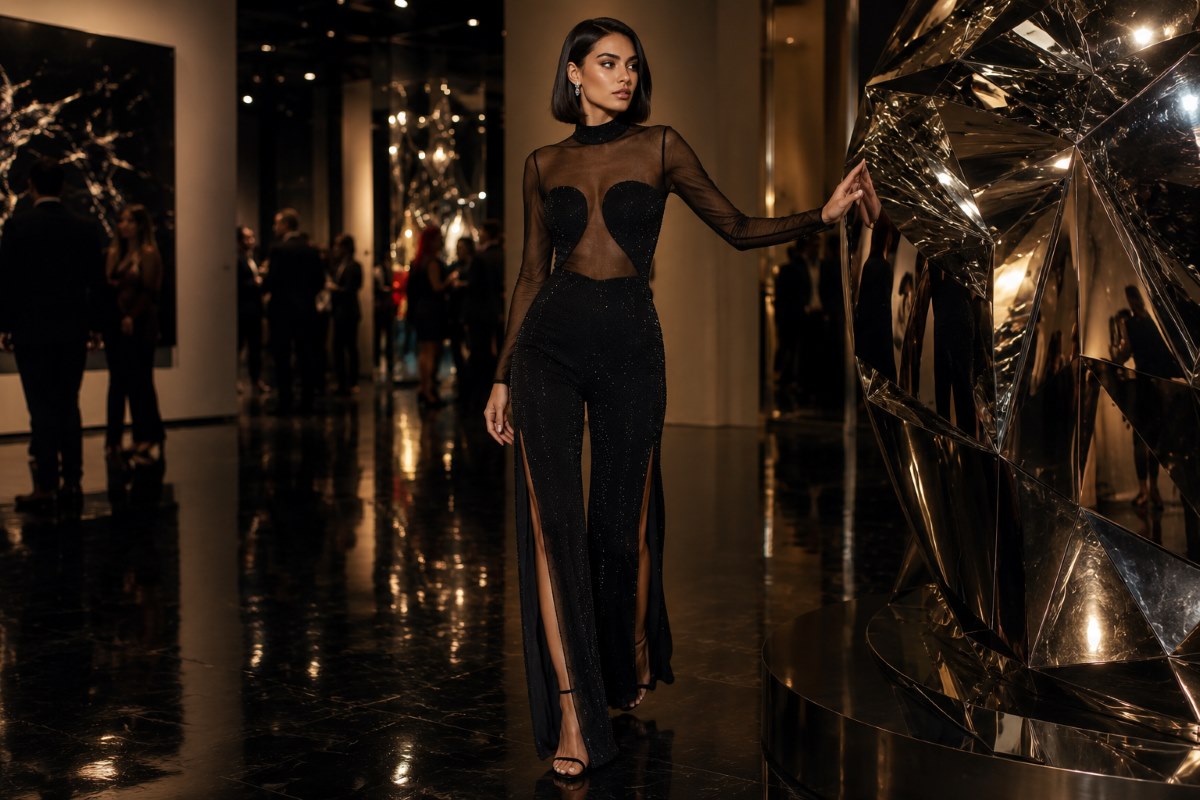 Black contemporary jumpsuit at modern gallery opening