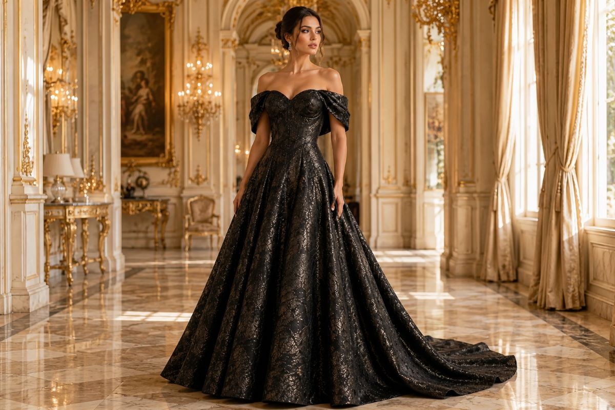 Black off shoulder corset ball gown with dramatic silhouette