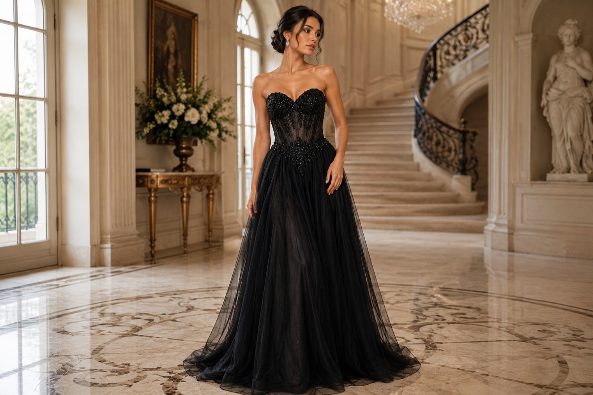 Black corset ball gown with sheer embellished bodice