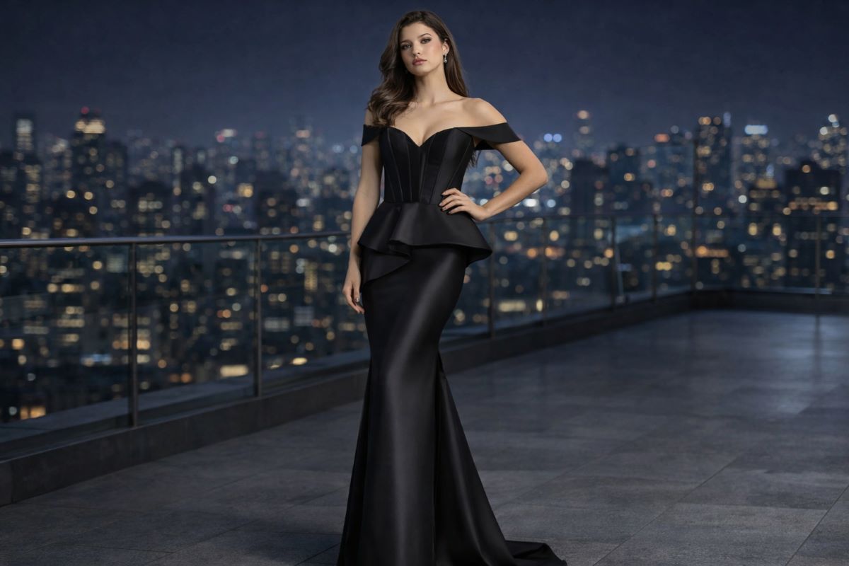 Black off shoulder corset evening gown