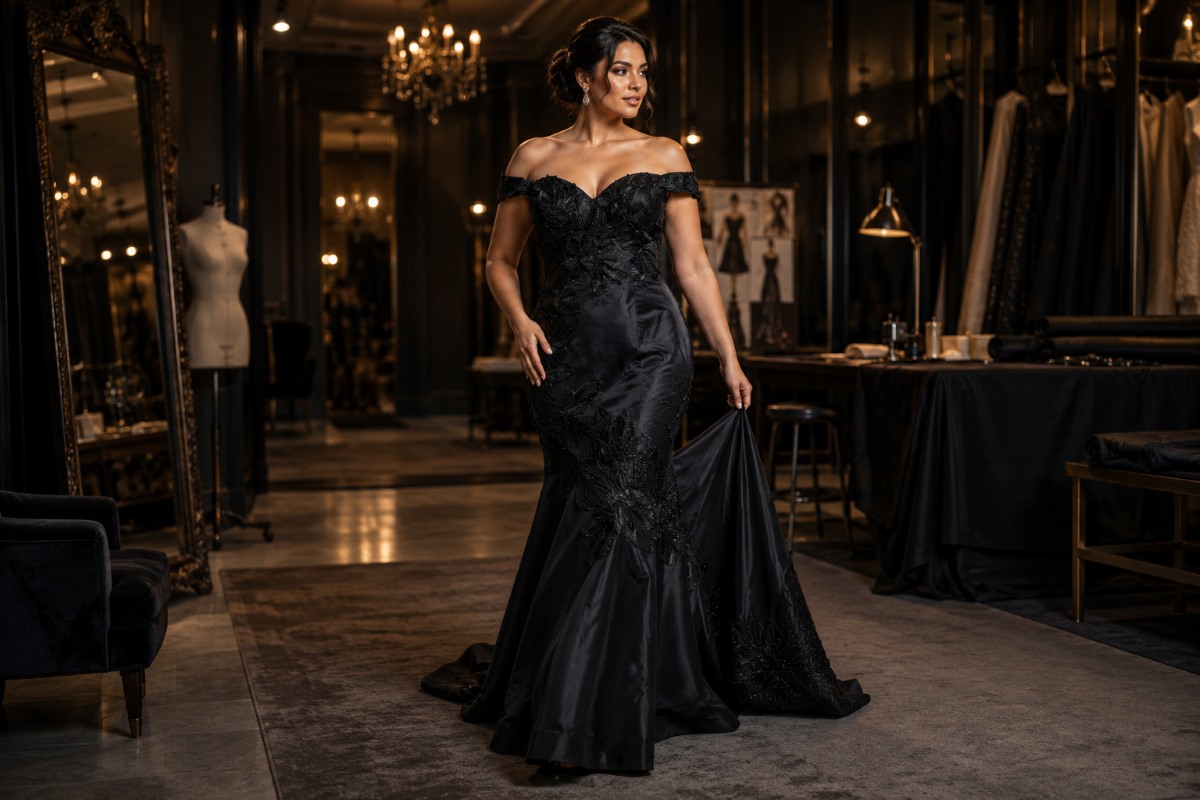 Black floral mermaid mother evening gown