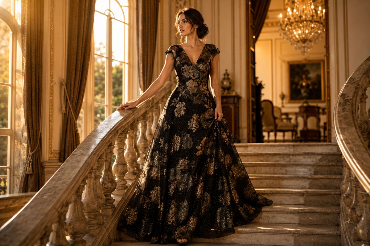 Black floral metallic A-line evening gown