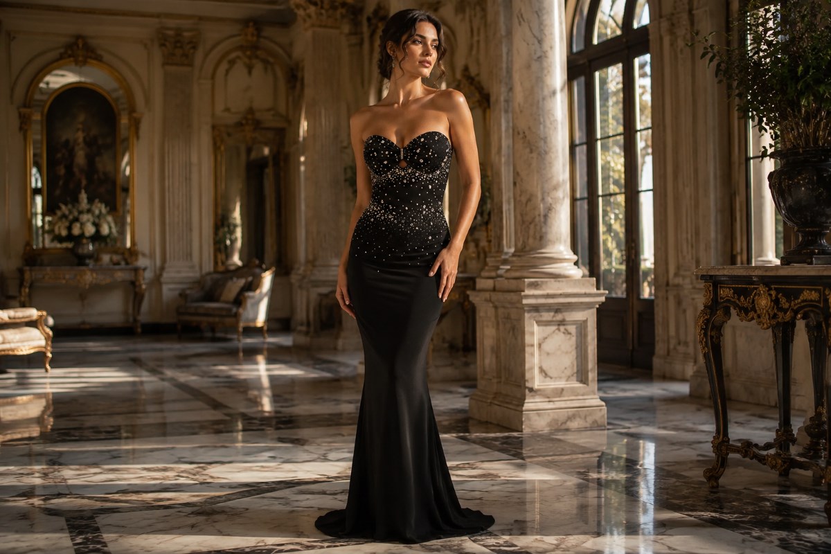Black crystal mermaid prom gown editorial look