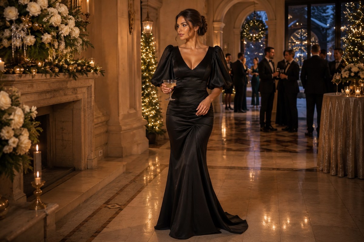 Black satin gown at executive holiday celebration