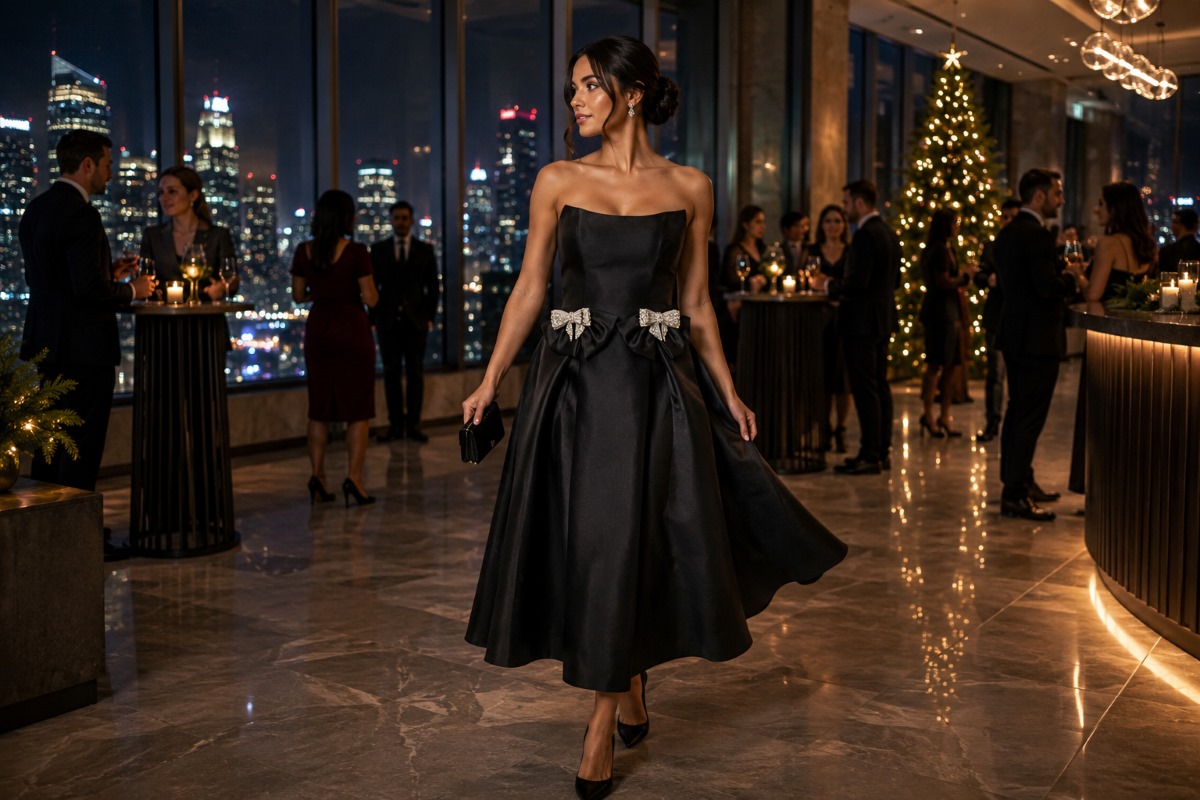 Black satin midi dress at corporate holiday reception