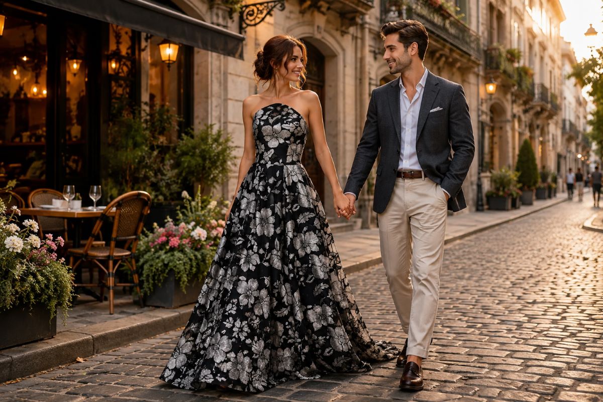 Black floral gown with stylish couple