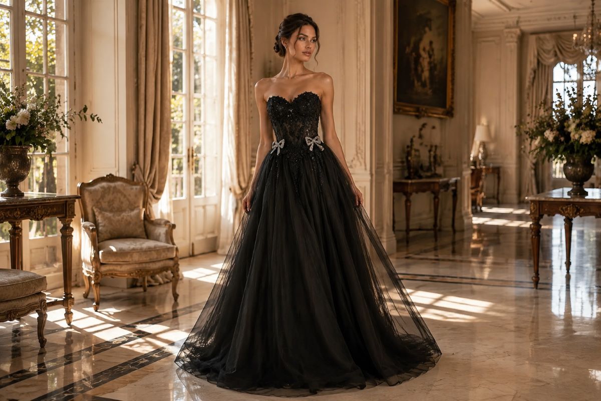 Black strapless A-line bow gown