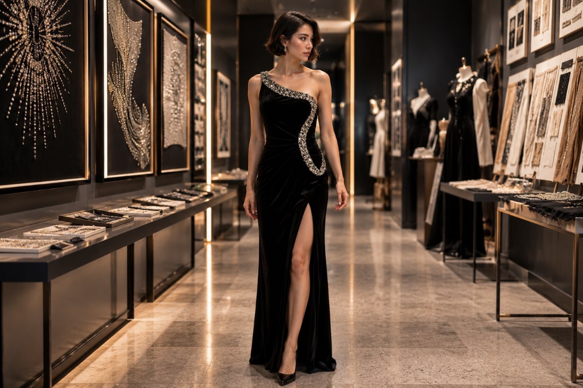 Black velvet one shoulder embellished gown